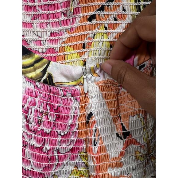 Vintage Cache Silk Floral Bubble Hem Halter Smocked Mini Dress Womens Large / XL - Picture 7 of 12